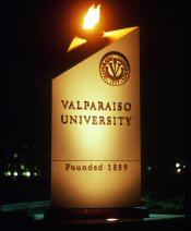 Valparaiso University sign with torch