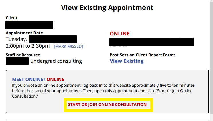  Existing appointment form highlighting the "start or join online consultation" button 