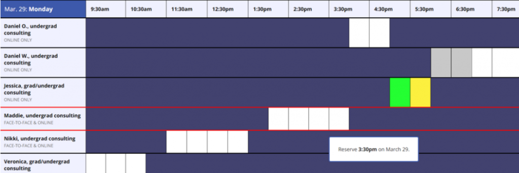  The MyWCOnline schedule. White blocks indicate available sessions, gray and yellow blocks indicate booked sessions, and green blocks indicate your booked appointments.