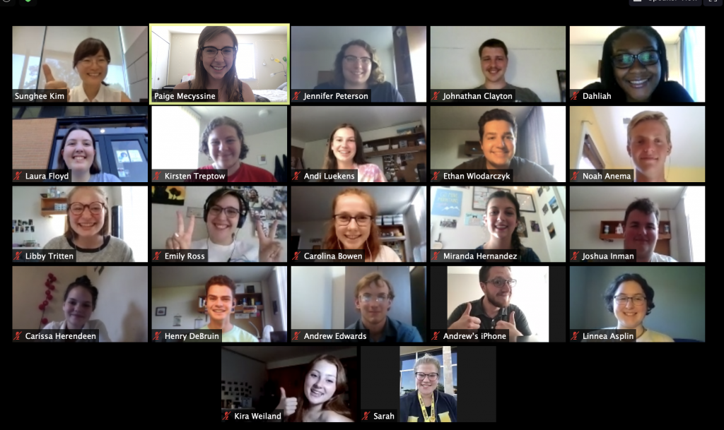 A screenshot of the Kantorei meeting online, one more way choirs are continuing to meet during the days of COVID-19.