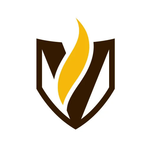 Brown and gold stylized shield logo with a flame in the center, on a white circular background.