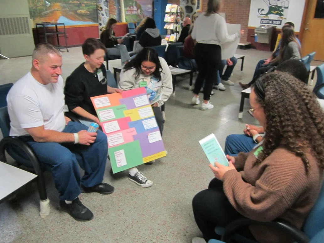 People sit in a group, engaging in experiential learning as they discuss colorful cards and a board with questions in a casual indoor setting.