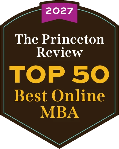 A badge reading “2027 The Princeton Review Top 50 Best Online MBA” in gold and white on a dark background.