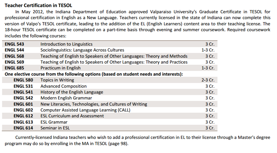 Program Requirements for Teacher Certification in TESOL