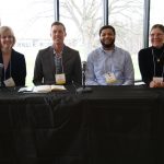 James Nagel '10 and Kim Ferraro JD '07 (second and fourth from the left, respectively) participated on one of the Bridge/Work panels.