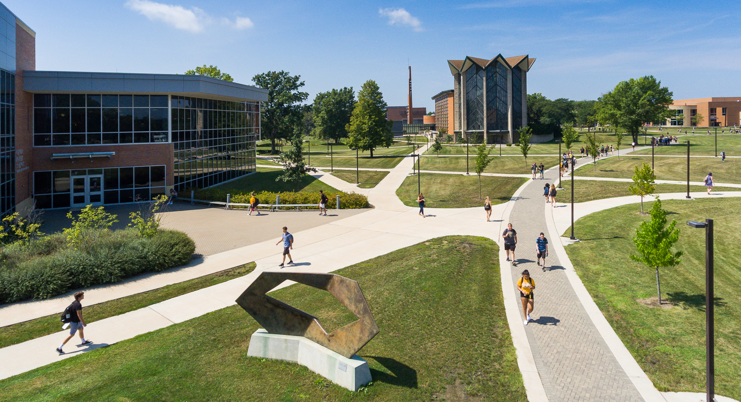 aerial photo of students walking on campus