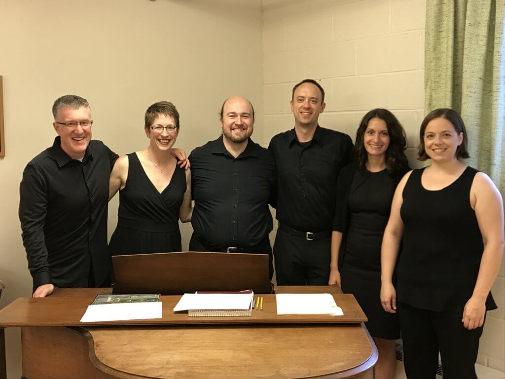 Valpo alumni took part in a chorale service of holy communion on July 23, 2017, as part of the Elm Ensemble. Pictured from left to right: Josh Messner '02, Sally Jacob ’02 Messner, Paul Friesen-Carper ’04, Luke Tegtmeier ’05, Sophie Hunt ’05, Laura Potratz ’05.