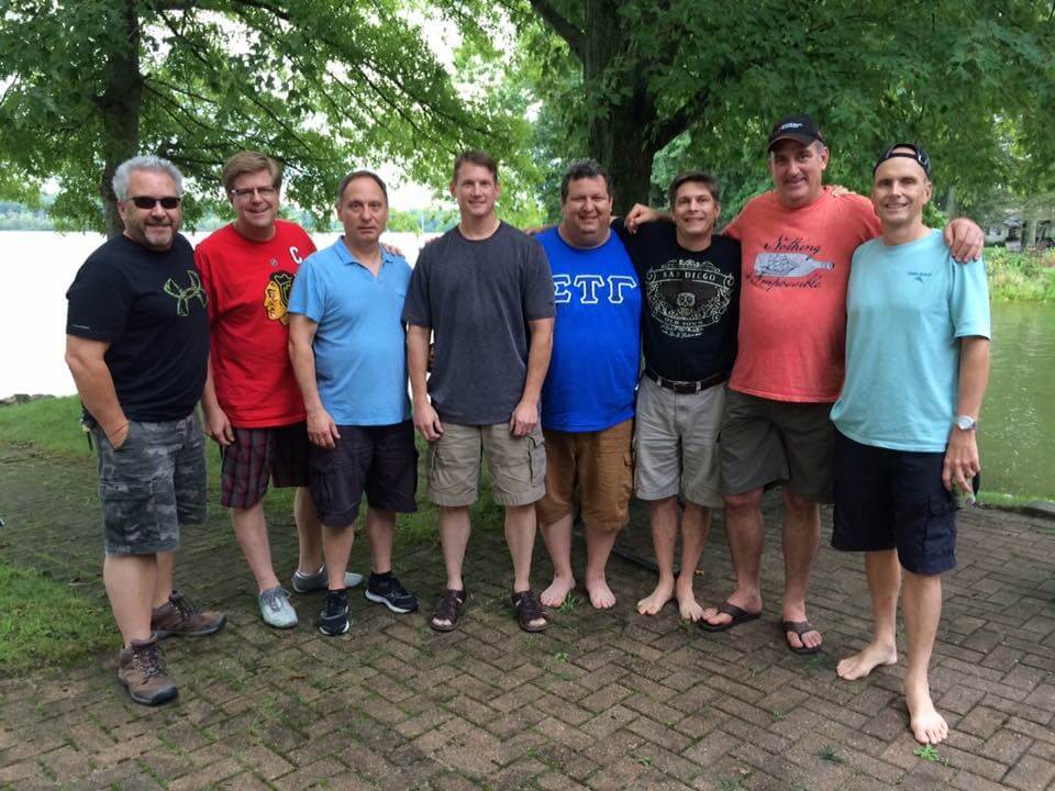 Sigma Tau Gamma alumni. Pictured from left to right: Keith Chapman ’85, Tom Witt ’87, Ted Knudson ’83, Kevin Case ’85, John Seelander ’87, John Pozeck ’87, Mike Russo ’86, and Ken Justesen ’87.