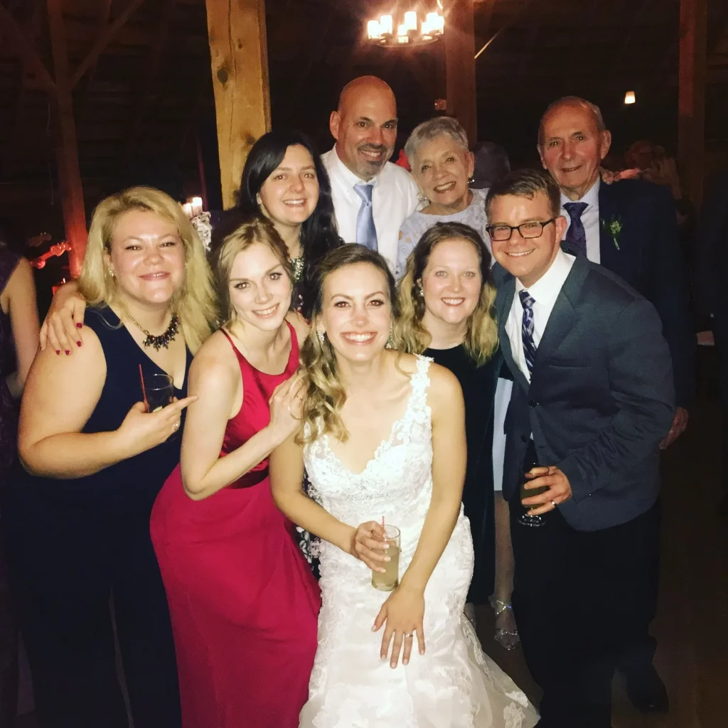 Alyson Raabe ’12 Jones was married in November 2018. Her father, Craig Raabe ’85 and his parents Audrey MacLachlan ’59 Raabe and William Raabe ’59, also attended Valpo. Other alumni in attendance include Madelyn Horvath ’12, Kelsey Gatza ’12, Julie Johnson ’12, ’15 J.D. Weller, Andrew Weller ’12, and Augusta McKie, an exchange student from Cambridge who studied at Valpo in 2011. The group became close while studying abroad as part of C-86. Alyson’s father, Craig, also studied abroad in Cambridge. Back row: Kelsey Gatza ’12, Craig Raabe ’85, Audrey MacLachlan ’59 Raabe and William Raabe ’59. Front row: Madelyn Horvath ’12, Augusta McKie, Alyson Raabe ’12 Jones, Julie Johnson ’12, ’15 J.D. Weller, Andrew Weller ’12