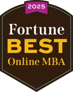 A badge featuring "2025 Fortune Best Online MBA" in bold white and yellow text on a dark background, highlighting top MBA excellence.