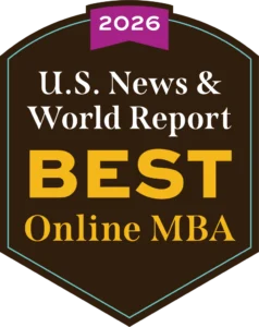 Badge reading "2026 U.S. News & World Report Best Online MBA Program" on a dark background.