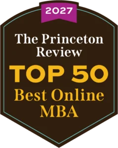 A badge reads “2027 The Princeton Review TOP 50 Best Online MBA” in white and yellow text on black, proudly highlighting excellence in MBA education.