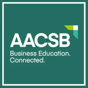 AACSB logo with the text "Business Education. Connected." on a green background, highlighting its commitment to high-quality MBA programs.