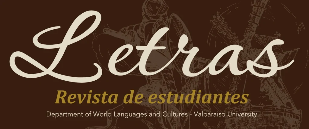Large script text reads "Letras" with "revista de estudiantes" below; background shows a faint knight drawing, evoking a classic Spanish influence.