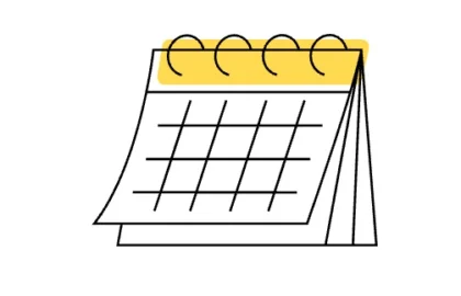 Illustration of a desk calendar with a yellow top and black gridlines on white pages.
