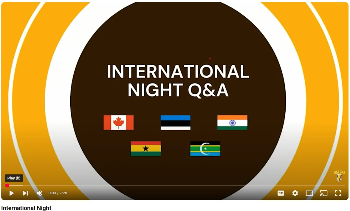 Slide showing "International Night Q&A" with flags of Canada, Estonia, India, Ghana, and Tanzania below the text—celebrating International Academics embracing cultural exchange and global perspectives.