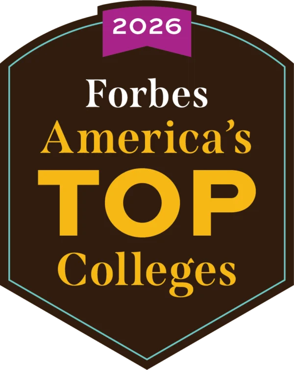 A badge reading "2026 Forbes America's Top Colleges" in white and yellow text on a dark background.