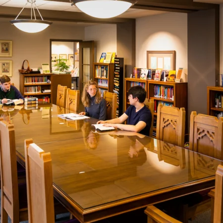 Three students study at a large wooden table in a quiet, well-lit library with bookshelves in the background, preparing for an upcoming Faculty Workshop.
