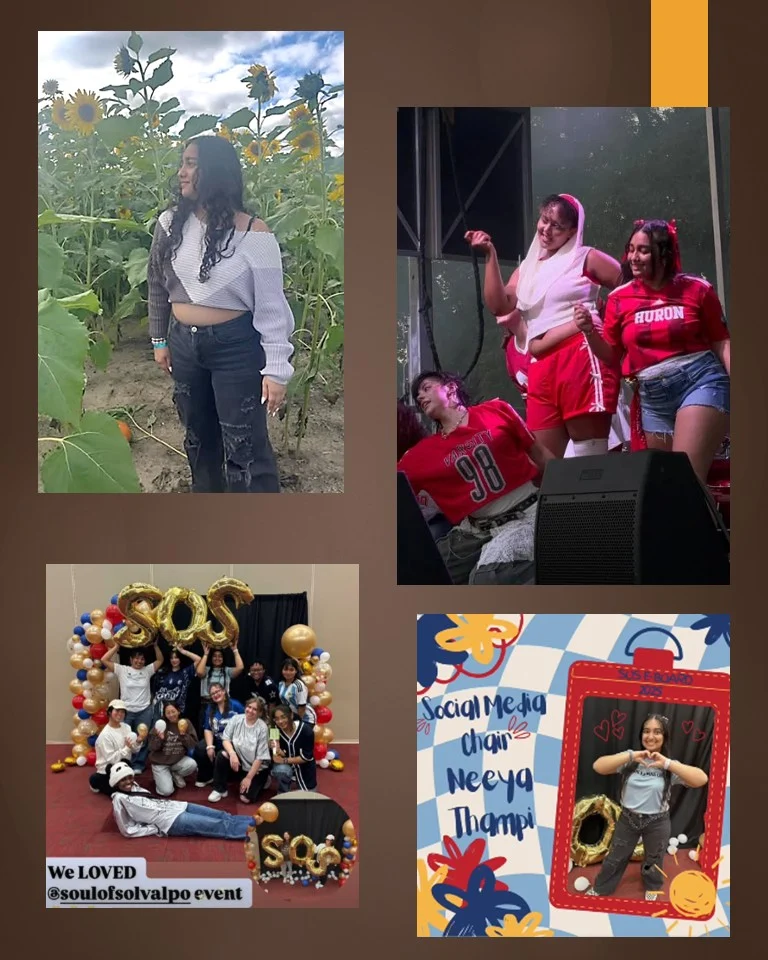 A collage of four photos captures a young woman in the OMP Spotlight—performing at events, posing in sunflowers, and enjoying moments with friends.