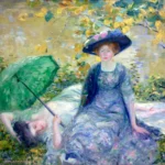 Two women in dresses relax by a pond; one reclines with a green umbrella, the other sits wearing a large hat.