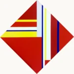 Diamond-shaped abstract art with red background, yellow, white, and blue geometric lines and rectangles.