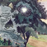 Watercolor painting of leafy trees with sunlight shining through branches, beside a path and grassy area.