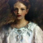 A young girl with braided hair wears a white blouse with blue embroidery, painted in a classical style.