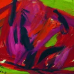 Abstract painting with bold red, purple, black, and green brushstrokes; dynamic and expressive composition.