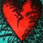 A large red heart with black scribbles and a teal background, giving a bold, expressive look.