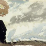 Abstract watercolor painting of a dark figure under a brown sun in a cloudy, blue and gray sky.