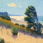 Painting of a sandy beach with tall grass and windswept trees under a blue sky with a few clouds.