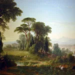 Pastoral landscape with trees, grazing animals, people walking, a pond, and distant mountains under a blue sky.
