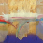 Abstract painting with splashes of colorful paint on a wood background, featuring white, blue, red, and purple tones.