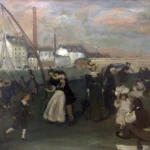 People in Victorian dress gather on a grassy field near factories under a cloudy sky.