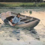 Two people fish from a wooden rowboat surrounded by lily pads on a calm, reflective lake at dusk.