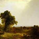 A large tree stands by a calm river, surrounded by lush greenery under a bright, lightly clouded sky.