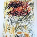 Abstract art with bold black, red, and yellow scribbles and lines on a white background.