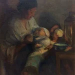 A woman feeds a baby while another child sits beside them near a table with a bowl and lantern.