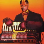 A man in a mask and suit plays an accordion with glowing, futuristic colors against an orange background.