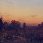 A quiet autumn field at sunset, with corn shocks and scattered pumpkins under a colorful sky.