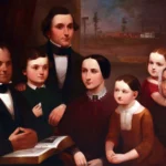 A 19th-century family portrait with seven people gathered around a book, with a landscape painting behind them.
