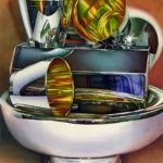 A shiny metal bowl with reflective cups and cylinders stacked inside, showing distorted reflections.