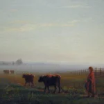 A person walks near cows in a misty field at dawn, with a wooden fence and distant trees in the background.