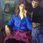 A woman in a blue blouse sits pensively, with a man standing behind her and yellow flowers in the background.