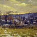 Impressionist painting of a rural landscape at sunset, with snowy ground, bare trees, and distant hills.