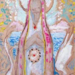 Abstract painting of a robed, haloed figure with hands clasped, flanked by white birds and blue water.