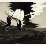 A shadowy figure in water holds up a ship; distant figures stand on a dark shore under dramatic clouds.