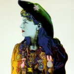 Pop art portrait of a woman in a hat with star pin, adorned with colorful medals, gazing to the left.