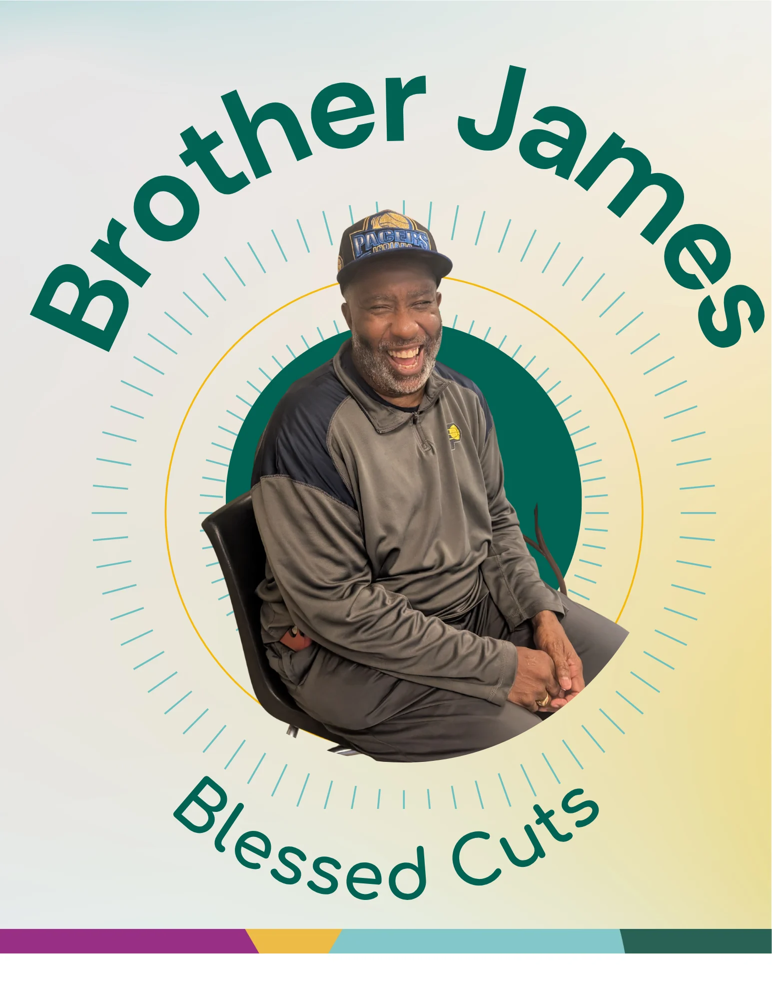 Smiling man in a tracksuit and cap sits on a chair, highlighted by the OMP Spotlight, with text reading "Brother James Blessed Cuts.