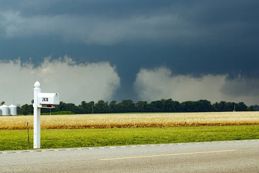 A white mailbox by a road stands beneath a dark, cloudy sky, where a tornado forms over farmland—a striking scene for anyone fascinated by meteorology.